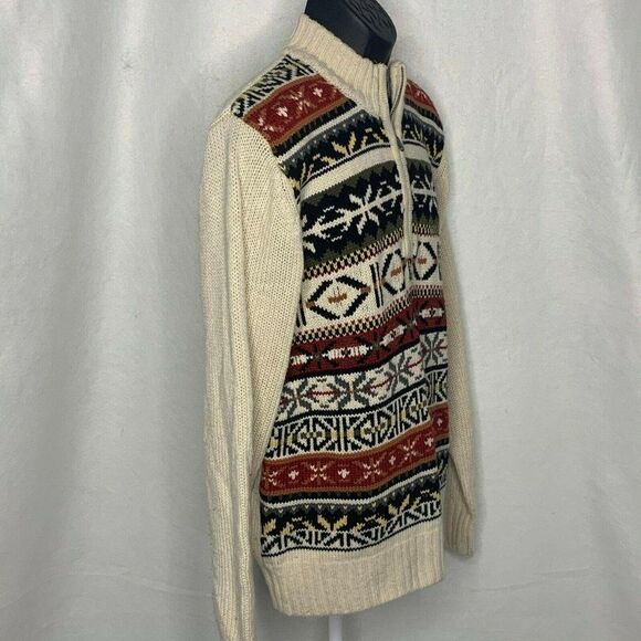 Izod Fair Isle Knit Sweater L Cream Pullover Mock - Picture 3 of 5